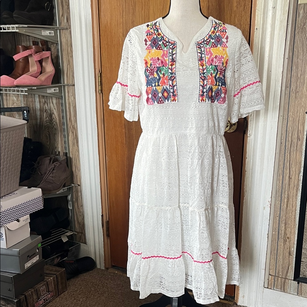 White Eyelet Midi Dress with Colorful Embroidered Yoke